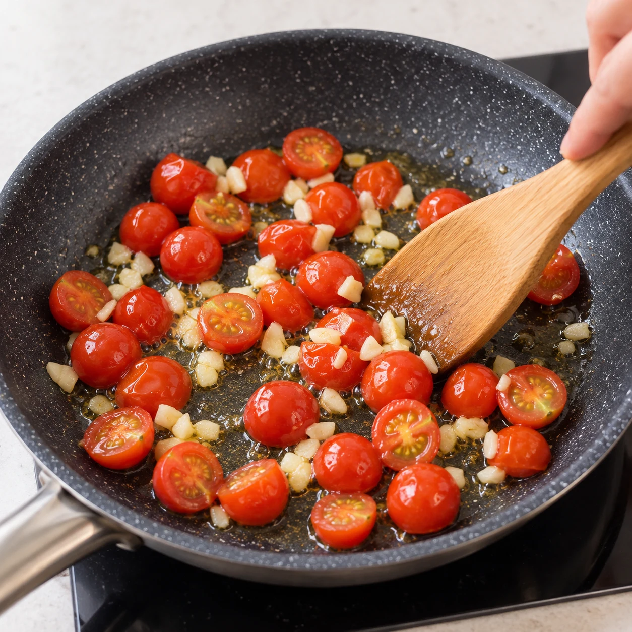 Petits morceaux d’ail ajoutés aux tomates.