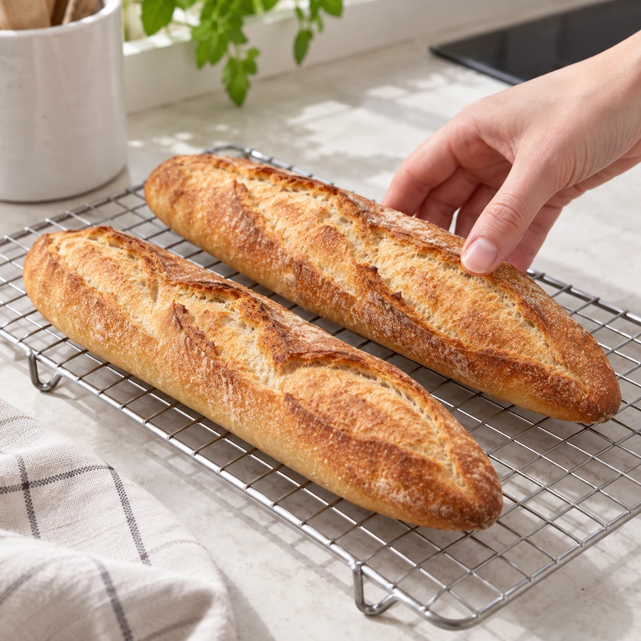 Deux baguettes dorées entières sur une grille, sans garniture, lumière naturelle.