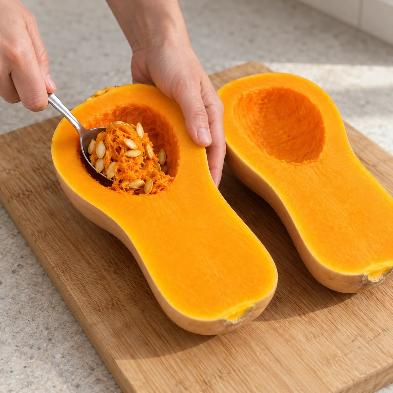 Cuillère retirant les graines de deux moitiés crues de butternut orange.