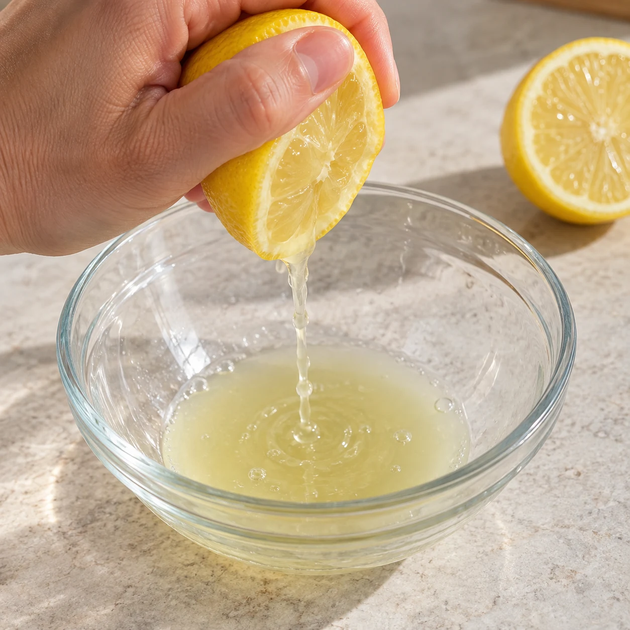 Presser le demi-citron pour la sauce. Une seule action, une seule phase de préparation, aucun texte ni personne identifiable.