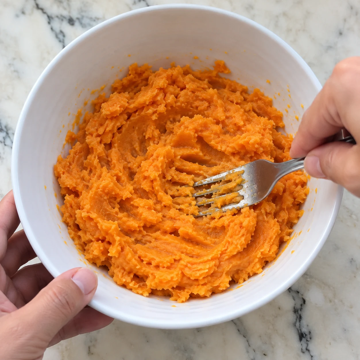 Fourchette écrasant de la patate douce orange dans un bol blanc.