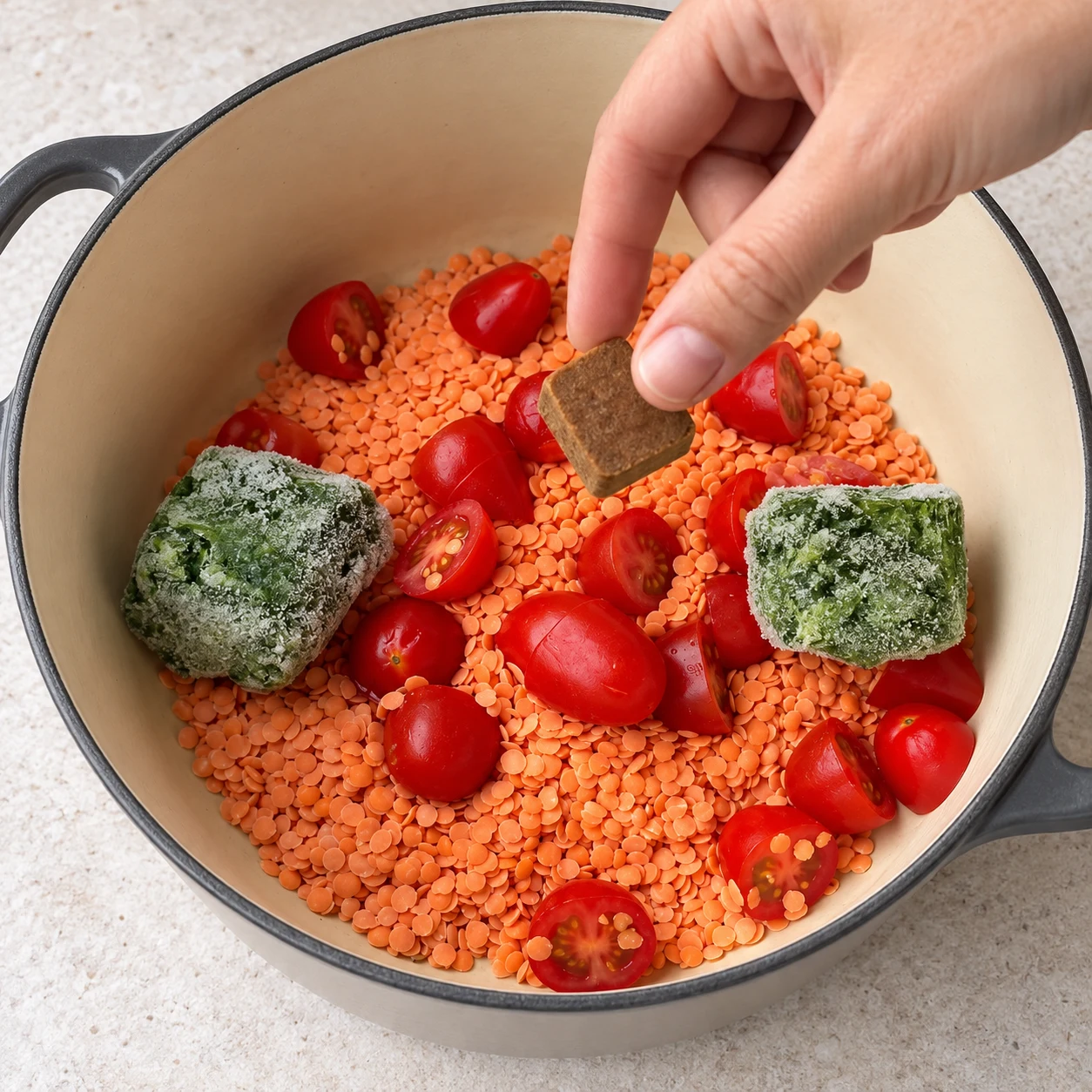 Dans un faitout neutre à intérieur clair, lentilles orange crues, moitiés de tomates cerises rouges, blocs verts d’épinards surgelés et un cube brun de bouillon végétal ; une main adulte anonyme ajoute le cube.