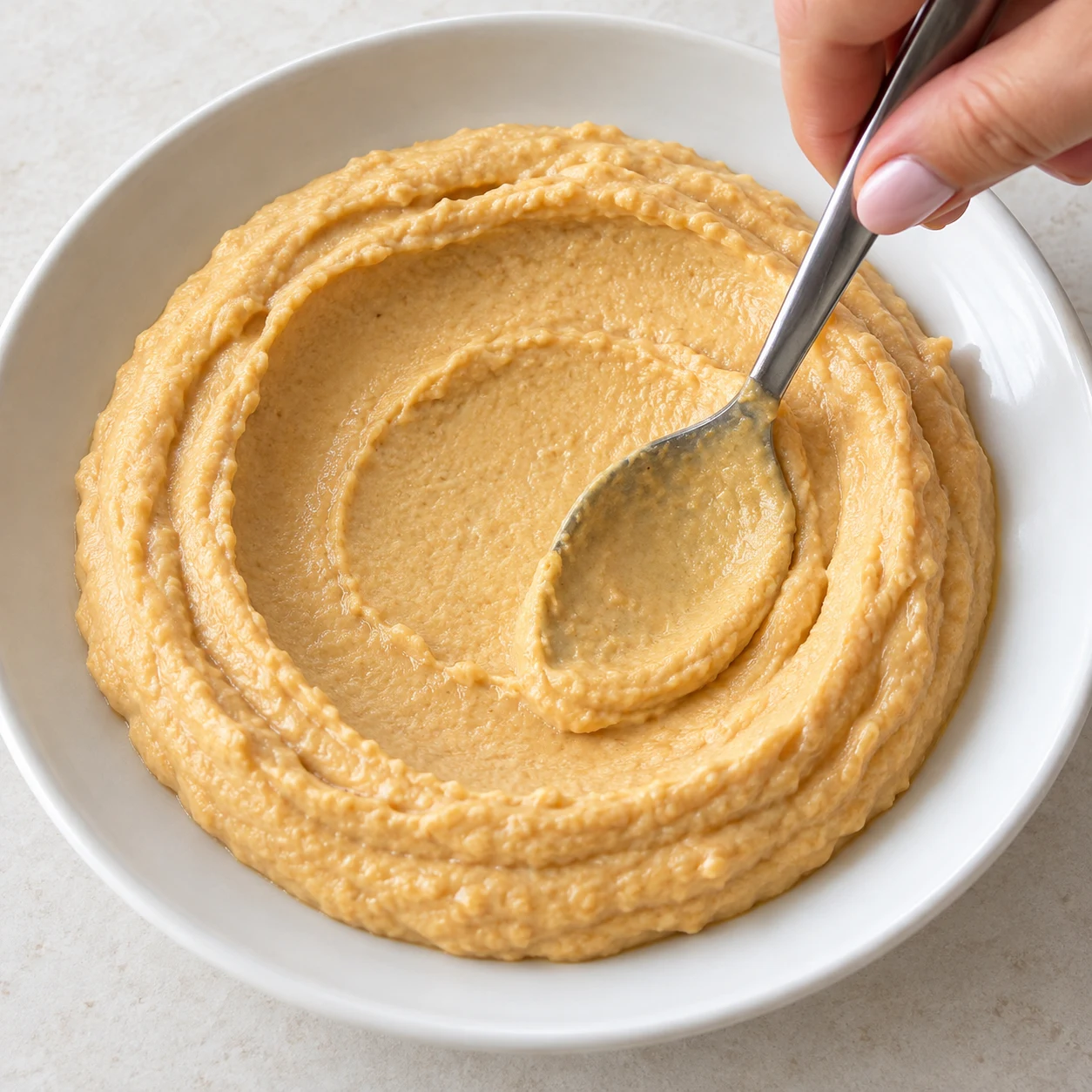 Cuillère étalant le houmous beige orangé dans une assiette neutre.