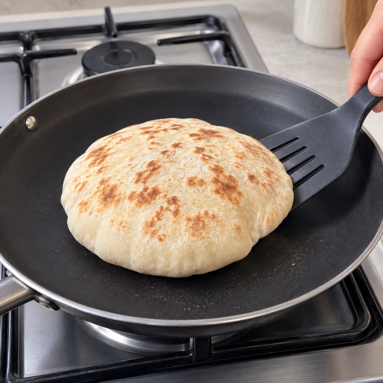 Cuire l’autre face. La pita est gonflée et présente des taches dorées sur ses deux faces.