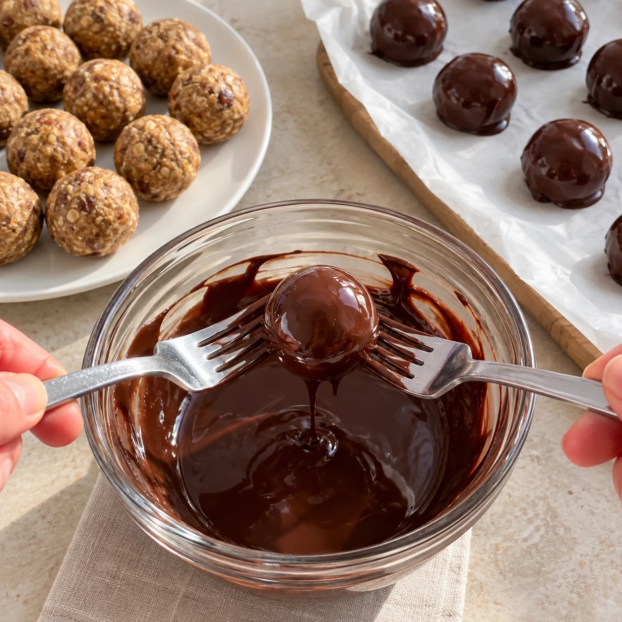 Deux fourchettes tenues par des mains adultes anonymes soulèvent une boulette entièrement enrobée au-dessus d’un bol de chocolat noir fondu.