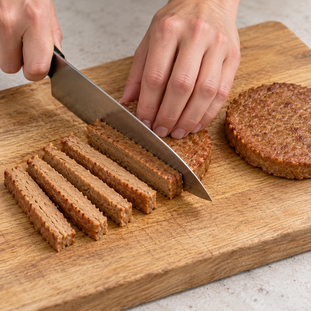 Planche en bois avec deux steaks végétaux bruns, l’un coupé en lamelles d’environ 1 cm, couteau de chef et mains adultes anonymes qui coupent.
