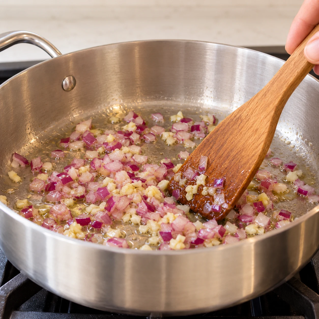 Petits dés d’oignon rouge et ail haché dans l’huile, remués avec spatule.