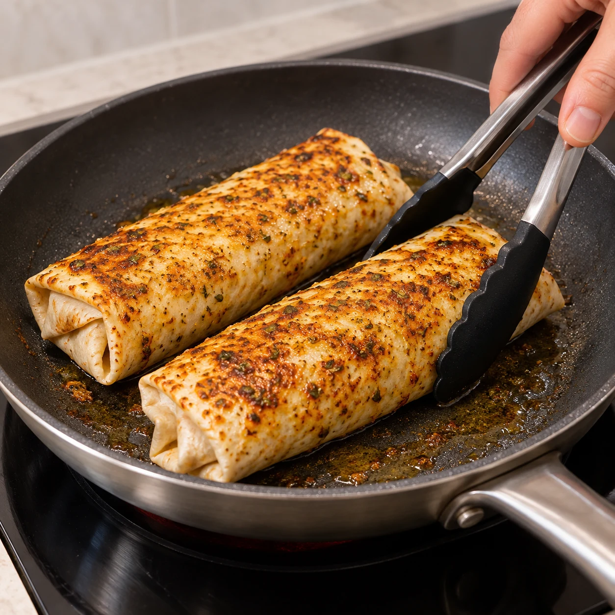 Les wraps sont dorés, marqués par la cuisson et restent fermés.