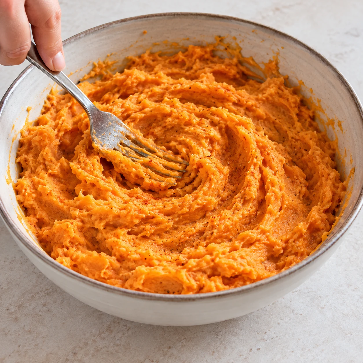 Fourchette écrasant et mélangeant une purée orange de patate douce avec lait de coco incorporé et épices discrètes.