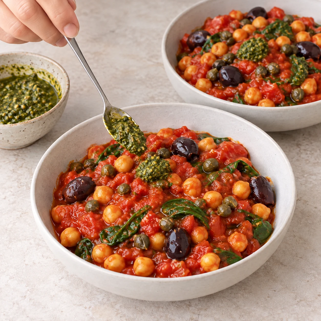 Répartis les pois chiches à la tomate dans deux assiettes et ajoute le pesto végétal au miso par-dessus. Sers chaud ou froid.