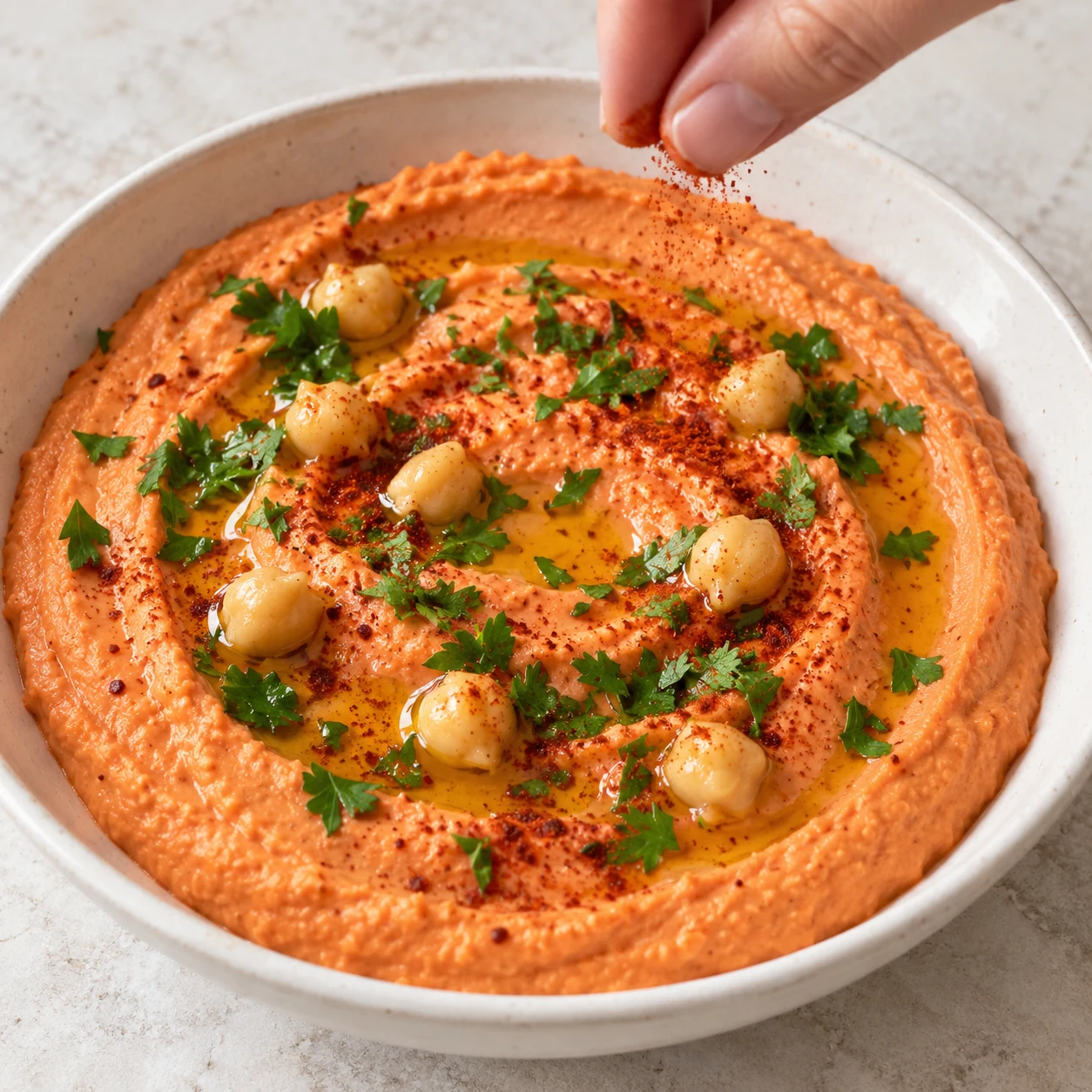 Houmous orange dans une assiette neutre avec quelques pois chiches entiers, huile dorée, paprika, une fine touche de piment de Cayenne moulu et persil frais ; une main anonyme termine la garniture.