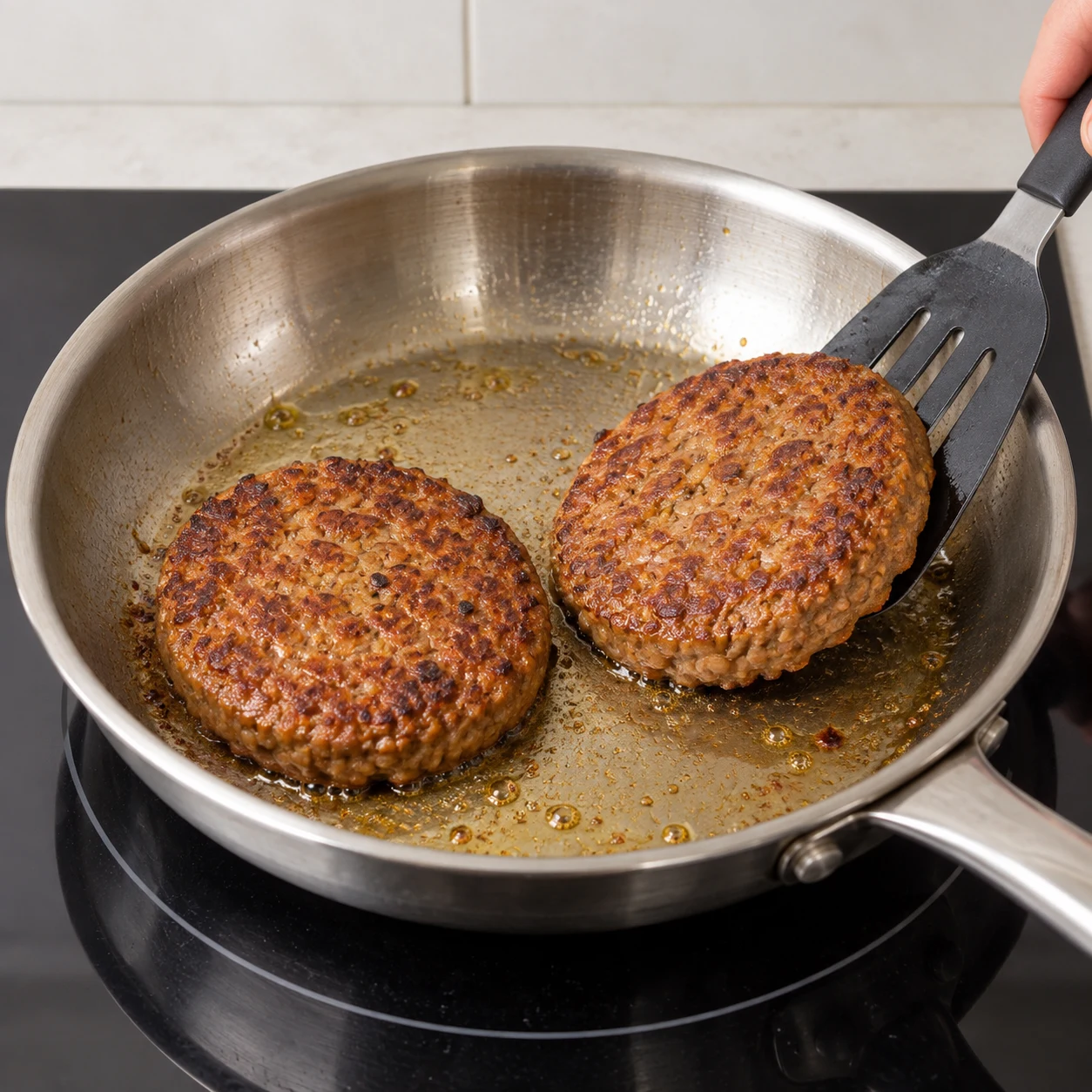 Cuire les 200 g de steaks végétaux dans la poêle avec le reste de l’huile de garniture, en suivant la notice du produit vérifié. Pour les steaks HappyVore décongelés : feu moyen, 8 min au total, en retournant à mi-cuisson. Montrer seulement les ingrédients de cette phase, dans une mise en scène claire et anonyme.
