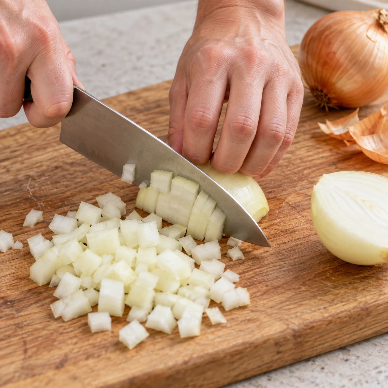 Tailler l’oignon du confit : Les morceaux d’oignon forment de petits cubes grossiers.