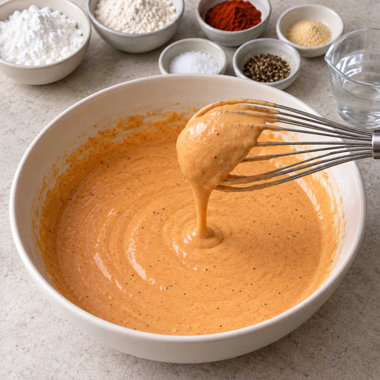 Mélanger la fécule, la farine, le paprika fumé et l’ail en poudre, avec le sel et le poivre selon le goût. Incorporer les six cuillères à soupe d’eau. Le résultat à reconnaître : La pâte de panure est homogène et enrobe le dos d’une cuillère.