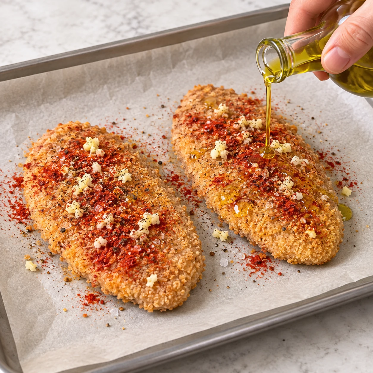 Deux pièces de protéines végétales panées, ail écrasé et paprika rouge en surface, ajout d’un filet d’huile, mains anonymes.