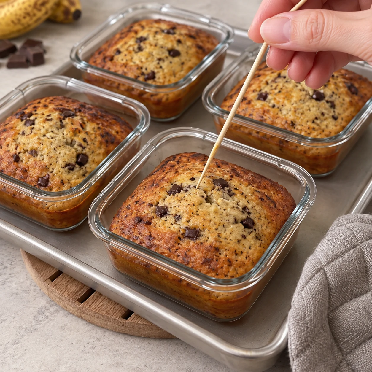 Petits cakes beiges et dorés aux morceaux de chocolat dans leurs plats carrés en verre ; gants de cuisine anonymes si geste au four.