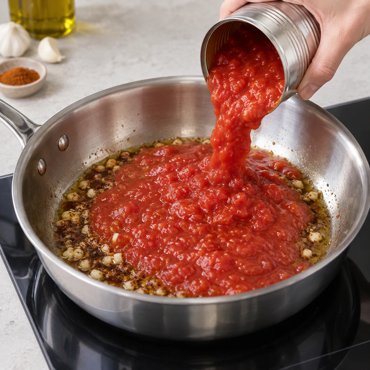 Tomates concassées versées d’un récipient neutre dans la poêle inox.