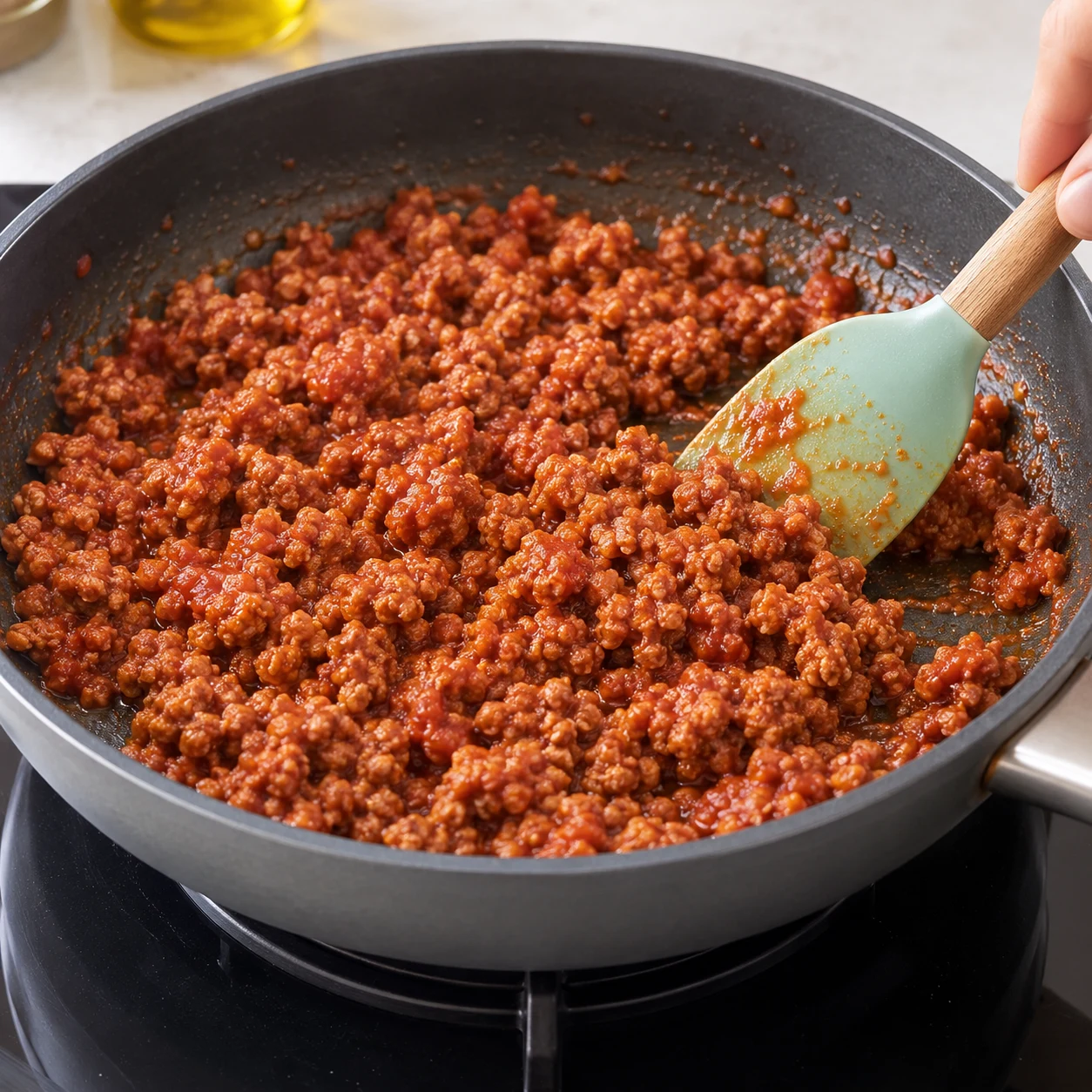 Dans une poêle, chauffez les 250 g de haché végétal avec les 2 cuillères à soupe d’huile d’olive, les 3,1 g d’ail en poudre réservés au haché et les 4 cuillères à soupe de sauce tomate. Remuez quelques minutes, conformément à la notice du haché sélectionné, puis réservez. Montrer uniquement la phase décrite et la variante végane aux pois chiches.