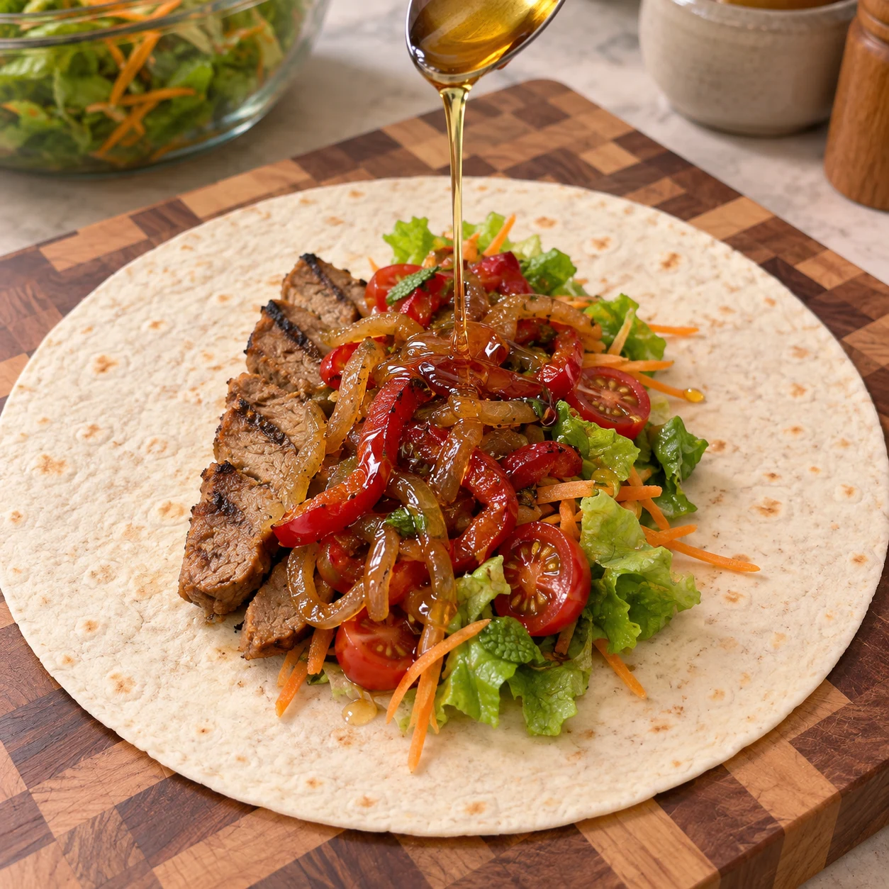 Un mince filet de sirop d’agave couvre la garniture.