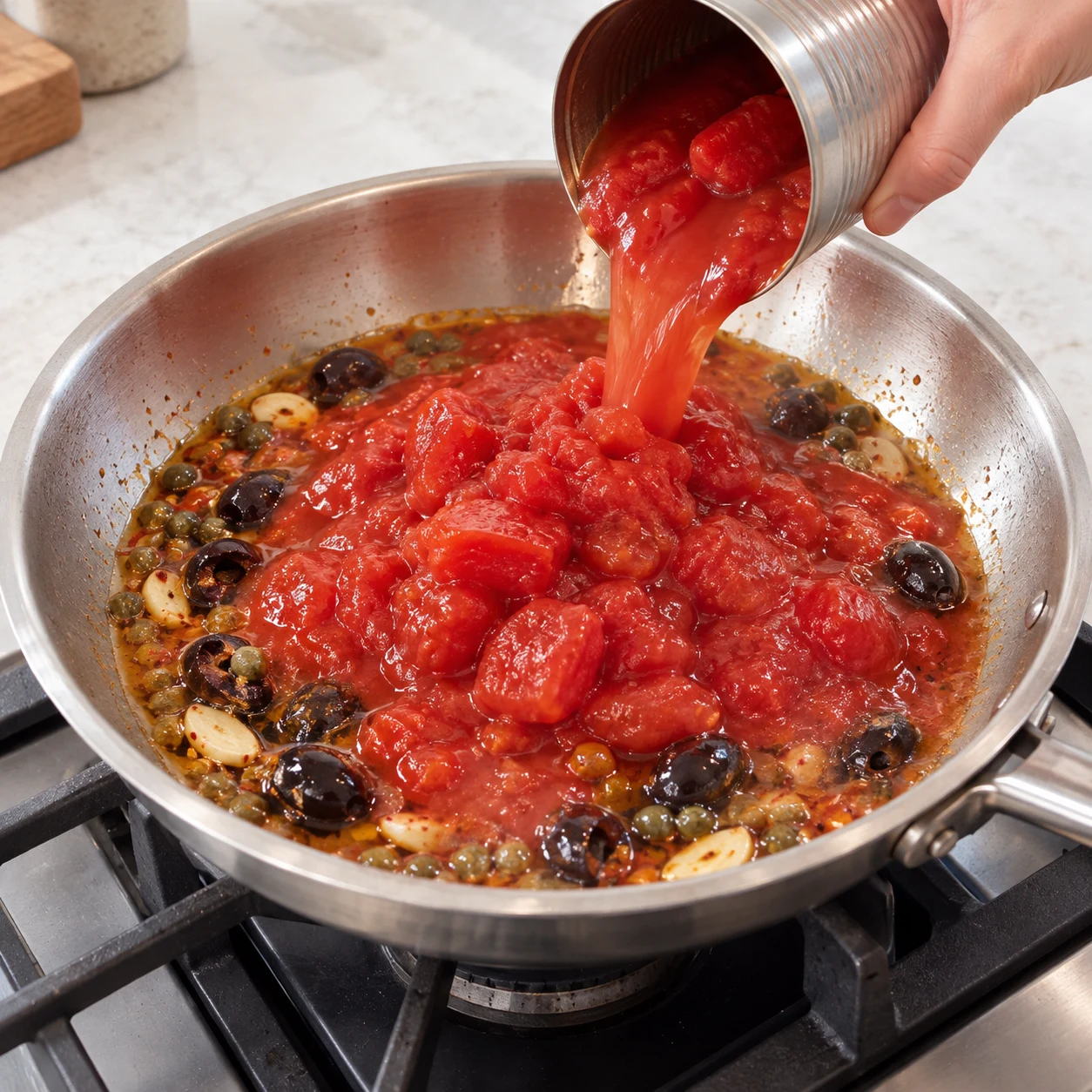 Verse les 800 g de tomates pelées avec leur jus dans la poêle. Rince la boîte avec un fond d’eau et verse ce rinçage dans la sauce.