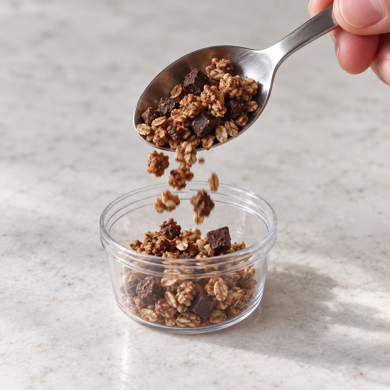 Une cuillère verse une petite dose de granola au chocolat noir, sans amandes, dans un récipient séparé ; bocal framboises en arrière-plan.