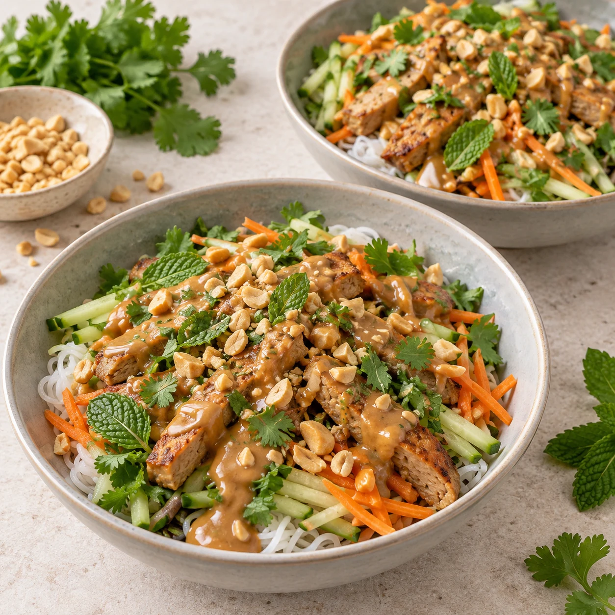 Les deux assiettes réunissent vermicelles, juliennes, lamelles végétales dorées, herbes et éclats de cacahuètes nappés de sauce.