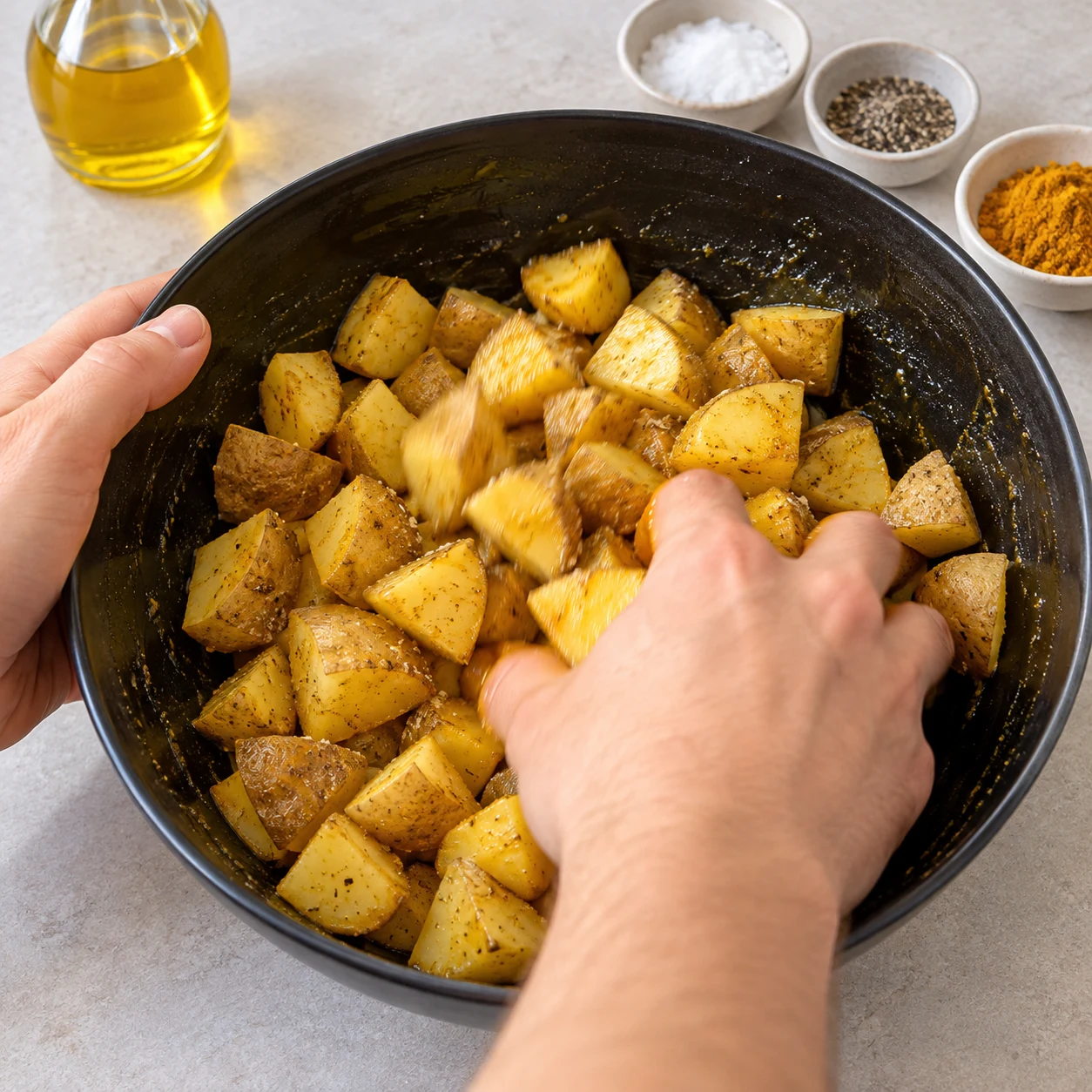 Main anonyme mélangeant les dés crus légèrement huilés et poudrés de curry.