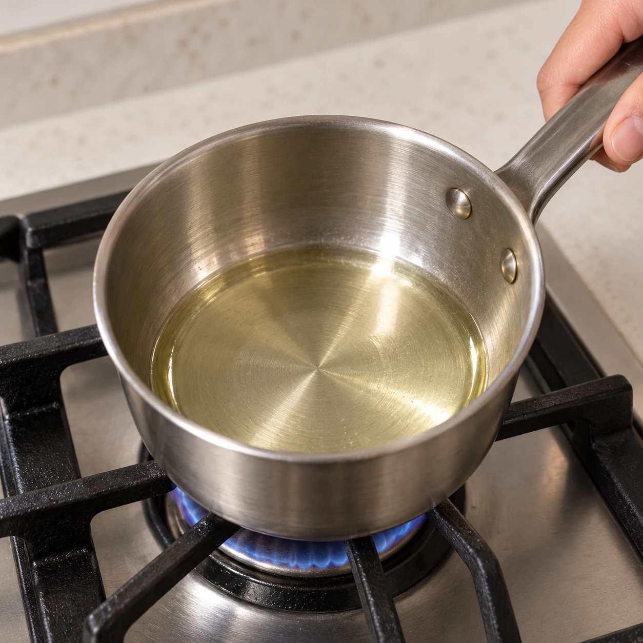Petite casserole avec uniquement une mince couche d’huile, sans fumée.
