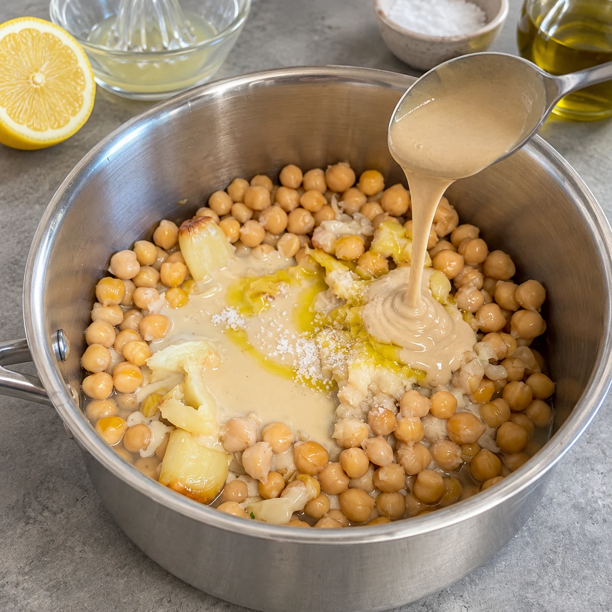 Assaisonner le houmous : Le tahini, le jus de citron et l’assaisonnement sont ajoutés aux pois chiches.