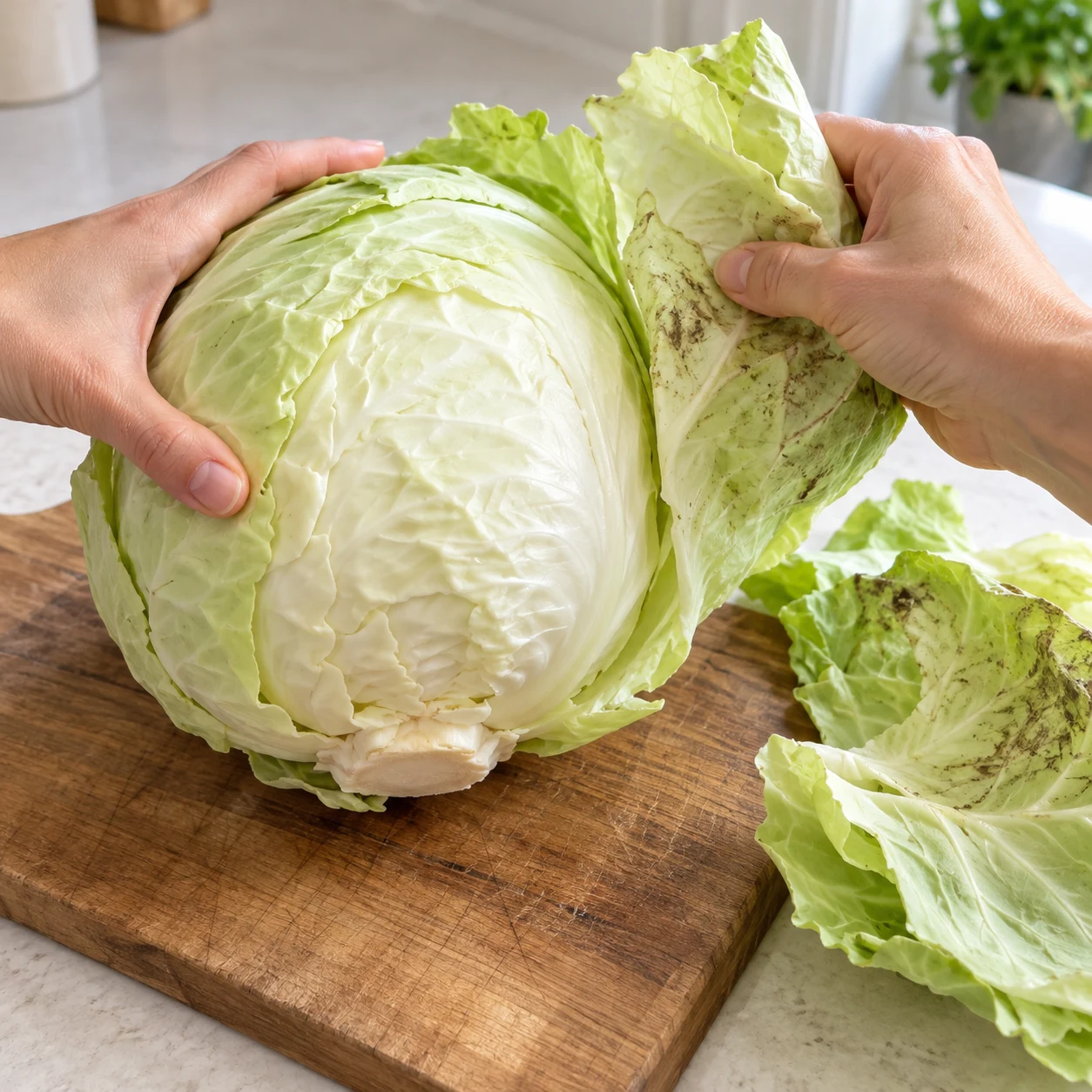 Photo culinaire carrée de l’action : Effeuiller le chou. Le cœur compact reste entier, les feuilles abîmées sont retirées. Seulement Chou blanc. Mains adultes anonymes seulement si le geste le nécessite, aucun texte, visage, bijou ou viande.