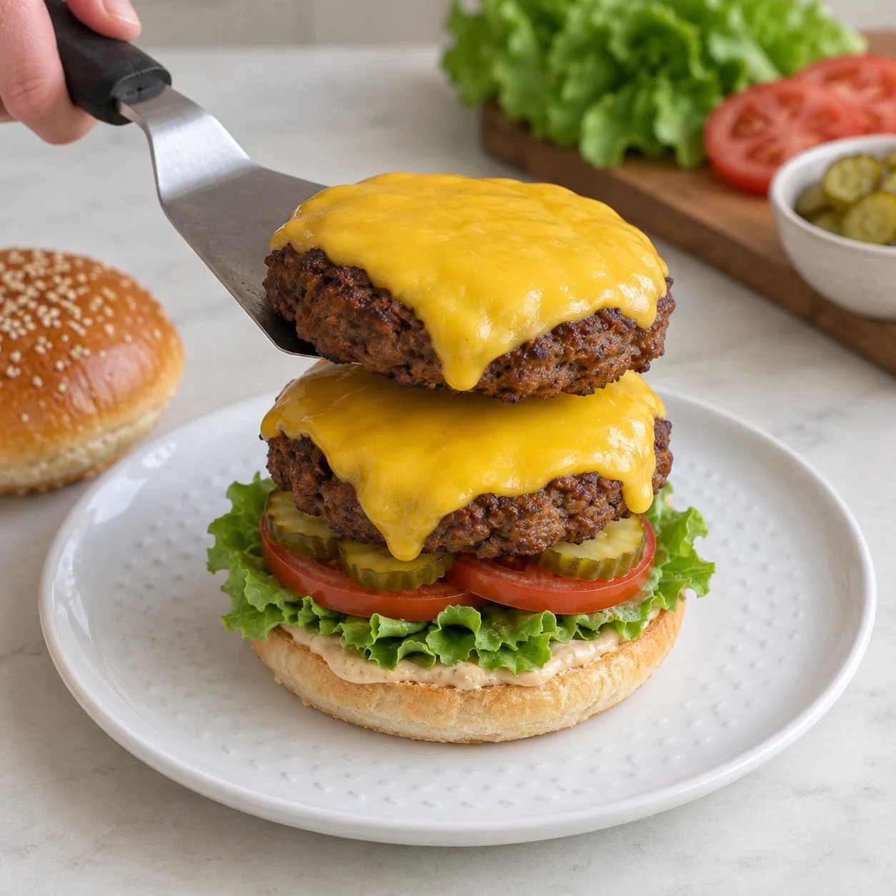 Une spatule tenue par une main anonyme dépose le second steak végétal recouvert de fromage sur le premier, dans le pain déjà garni de sauce, salade, tomates et cornichons. Aucun doigt sur les steaks chauds, aucun oignon ajouté ni burger fermé à cette étape.