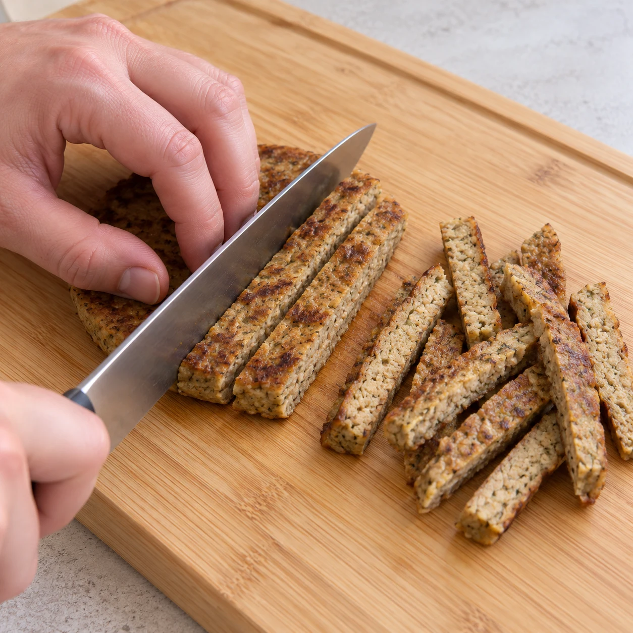 Coupe les steaks de pois cuits en lamelles avec un couteau, sur une planche stable. Garde les doigts repliés derrière la lame.