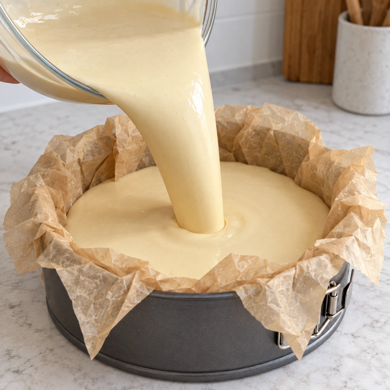 La pâte beige clair et fluide coule d’un saladier dans le moule chemisé comme dans la capture.