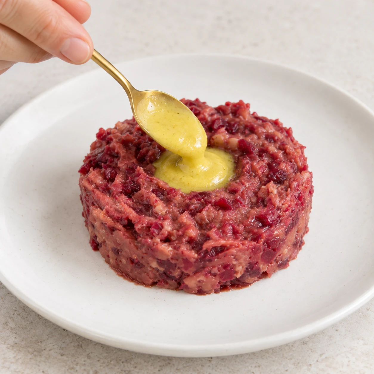 Ajouter la moutarde fouettée : La sauce jaune remplit le puits sans recouvrir tout le tartare.