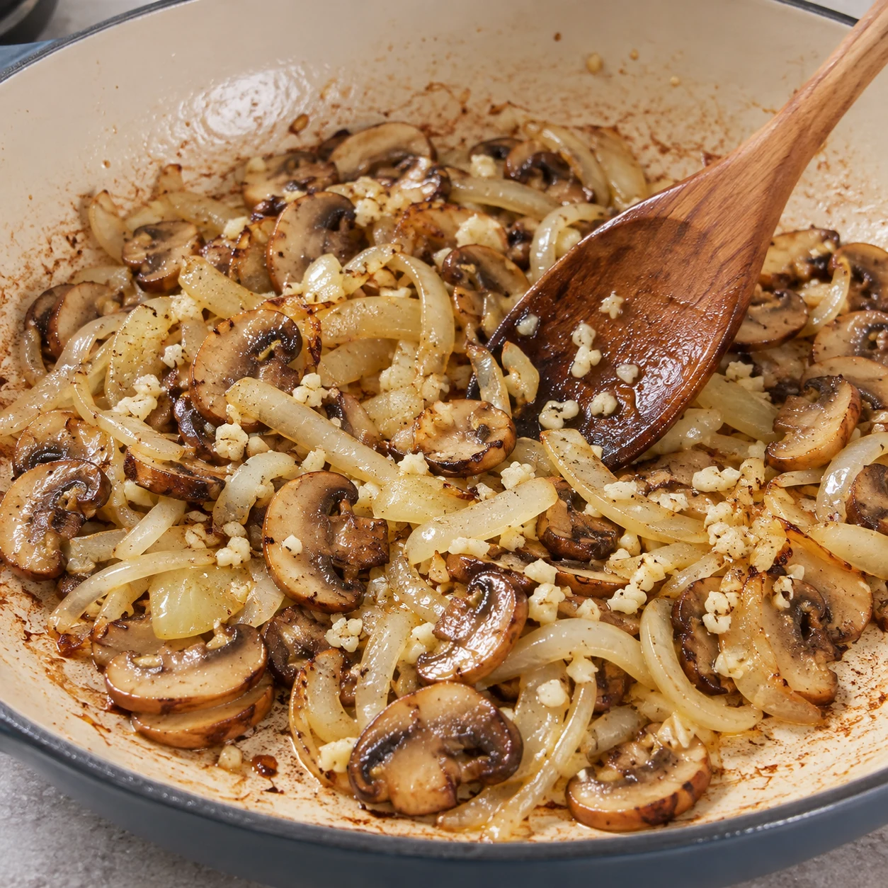 Incorporez l’ail haché aux oignons et aux champignons. Montrer seulement l’action et cet état de cuisson.