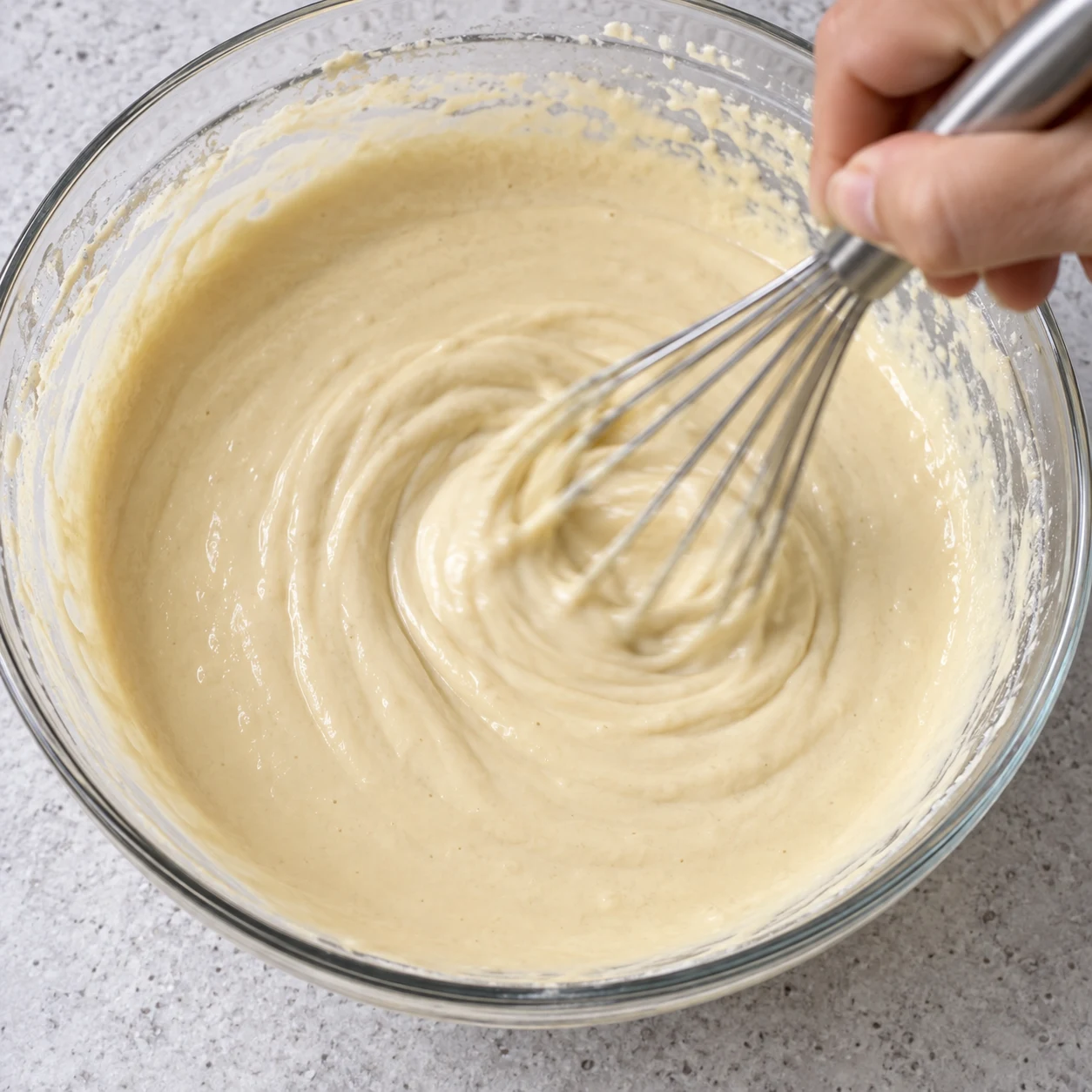 Une main adulte anonyme fouette la pâte beige pâle lisse dans le bol transparent.