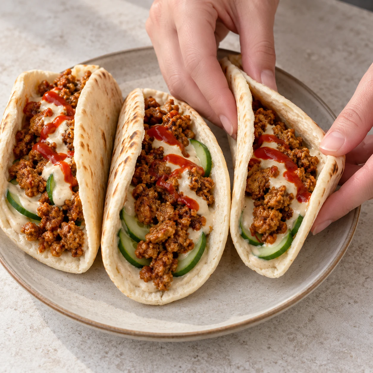 Mains anonymes repliant un pain pita garni de sauce tahini végétale, concombre, haché soja et sriracha ; deux tacos voisins déjà repliés.