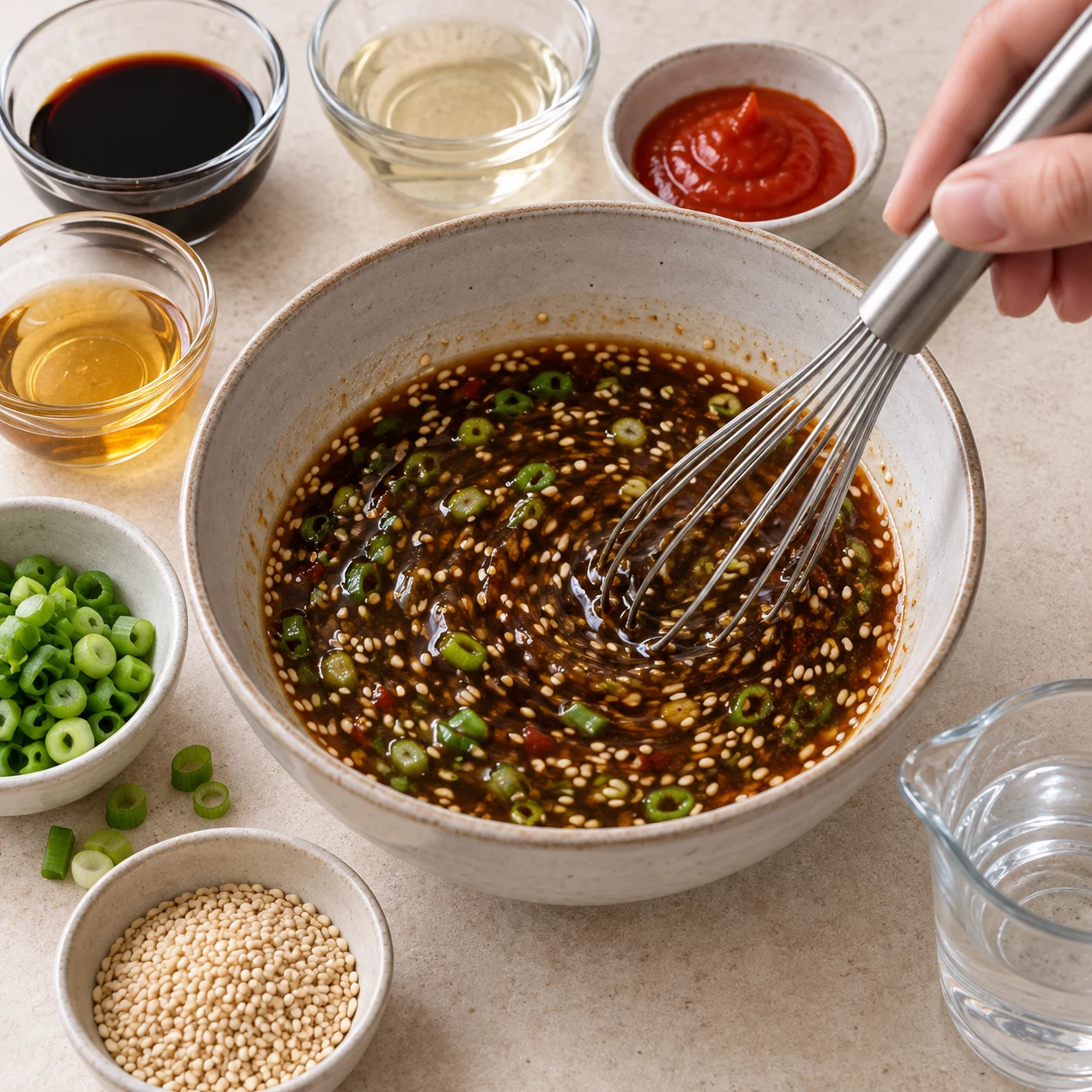 Mélangez la sauce soja, les 50 ml de vinaigre de riz, environ une cuillère à soupe de sriracha, le sirop d’agave, une poignée de vert d’oignon et du sésame. Allongez avec un peu d’eau.