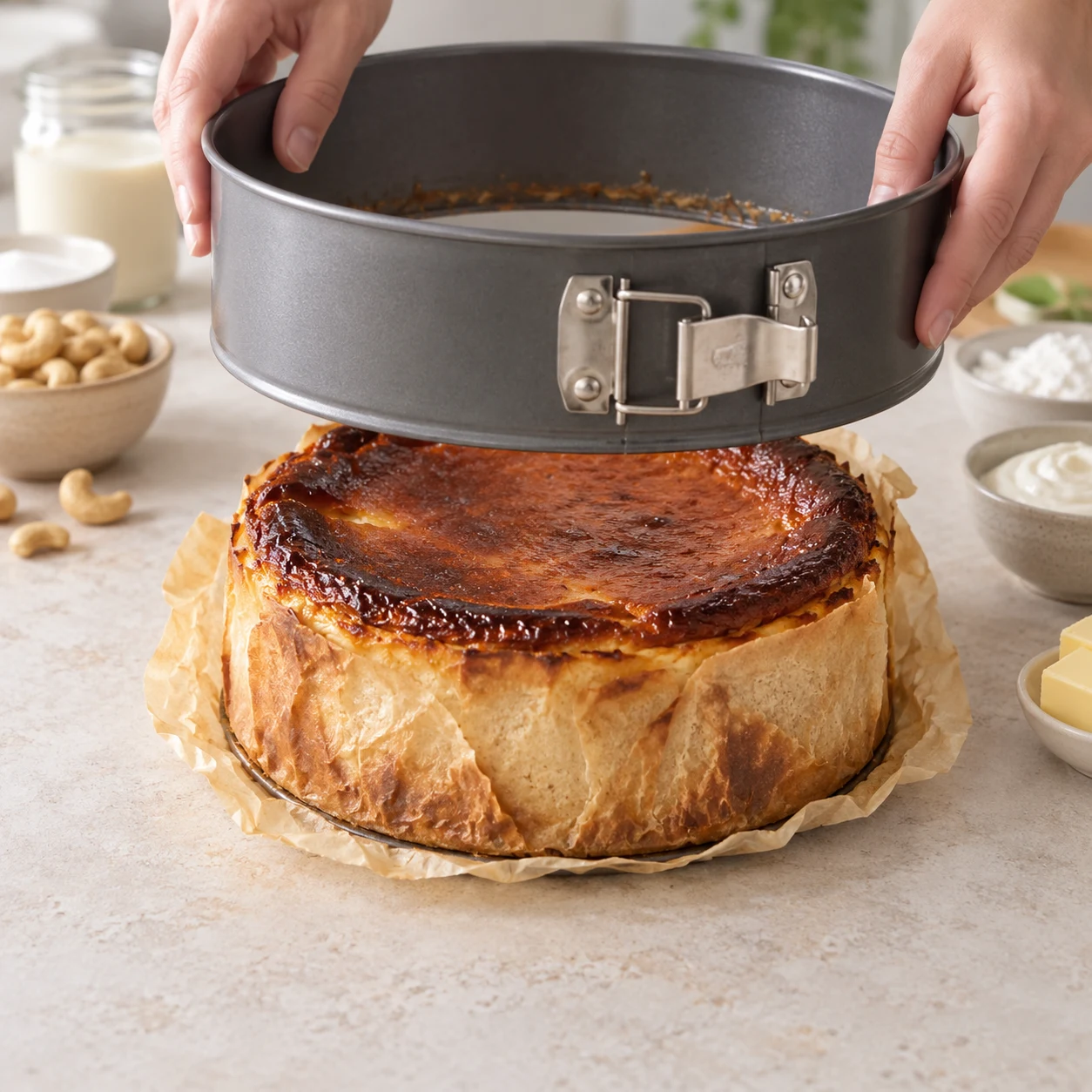 Une main anonyme soulève la paroi du moule à charnière du cheesecake brun.