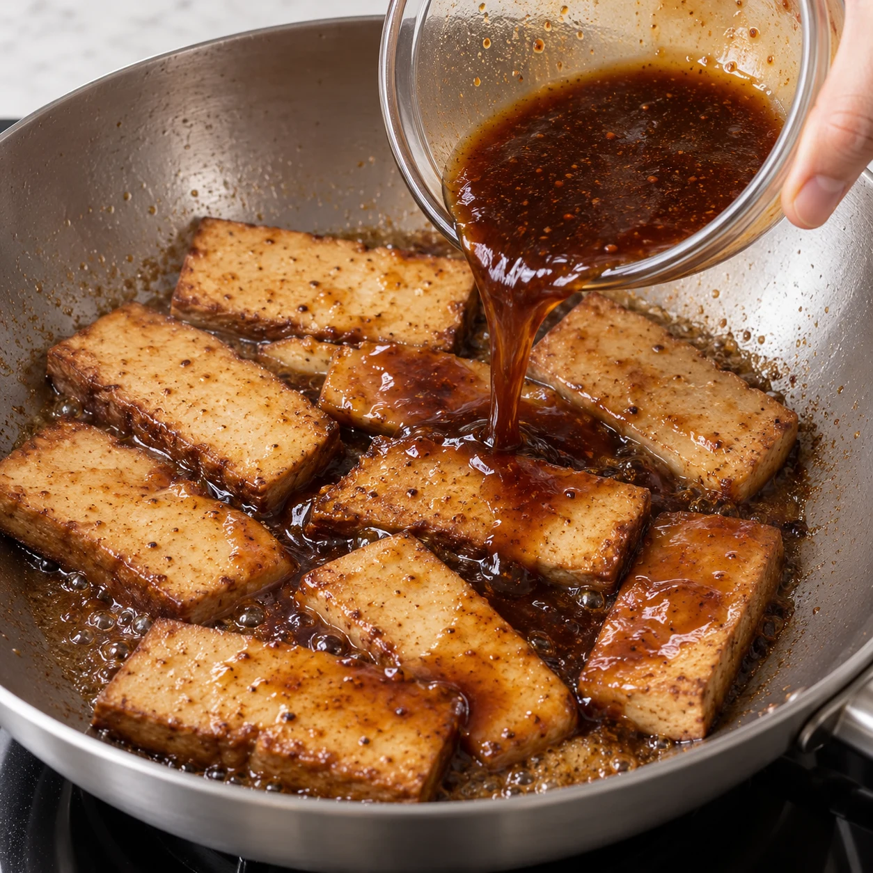 En fin de cuisson, versez la marinade dans la poêle sur le tofu.