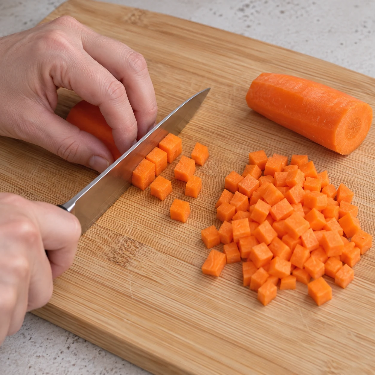 Couper la carotte : Les cubes de carotte sont petits et réguliers.