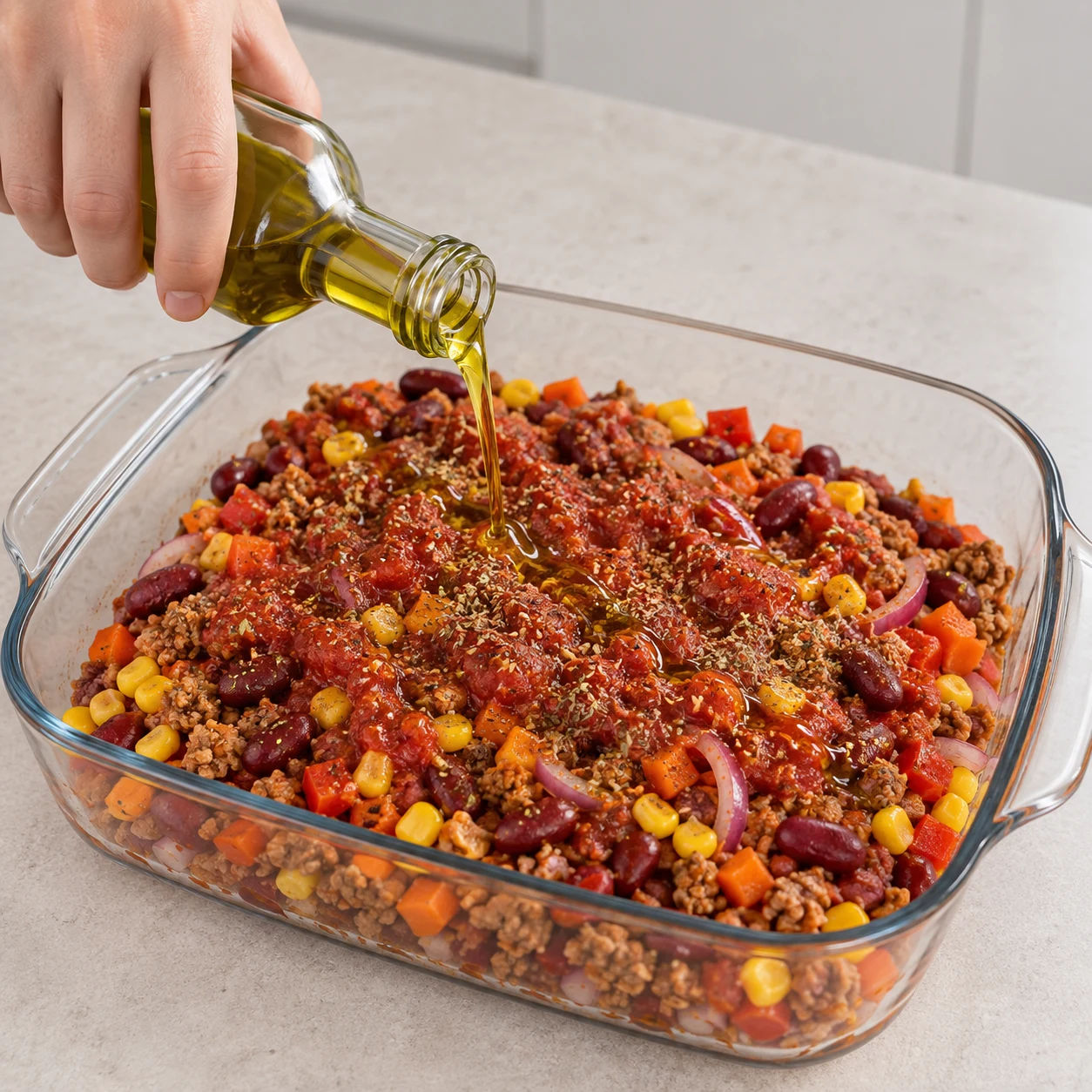 Versez les 10 g d’huile d’olive indiqués dans la recette d’origine sur la préparation.