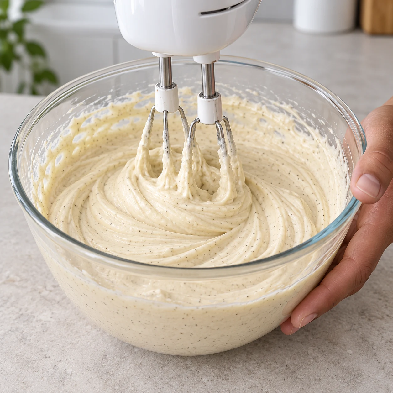 Bol en verre rempli de crème de yaourt beige clair et lisse, fouet électrique en action, sans aucun autre ingrédient autour.