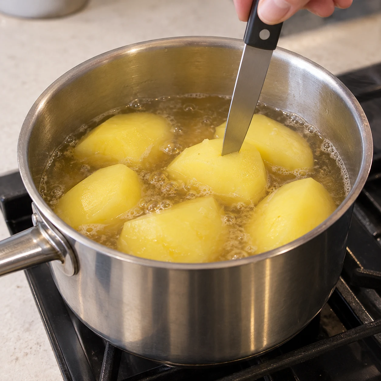 Photo culinaire carrée de l’action : Cuire les pommes de terre à part. La pointe du couteau traverse les pommes de terre sans rencontrer de cœur ferme. Seulement Pommes de terre à chair ferme. Mains adultes anonymes seulement si le geste le nécessite, aucun texte, visage, bijou ou viande.