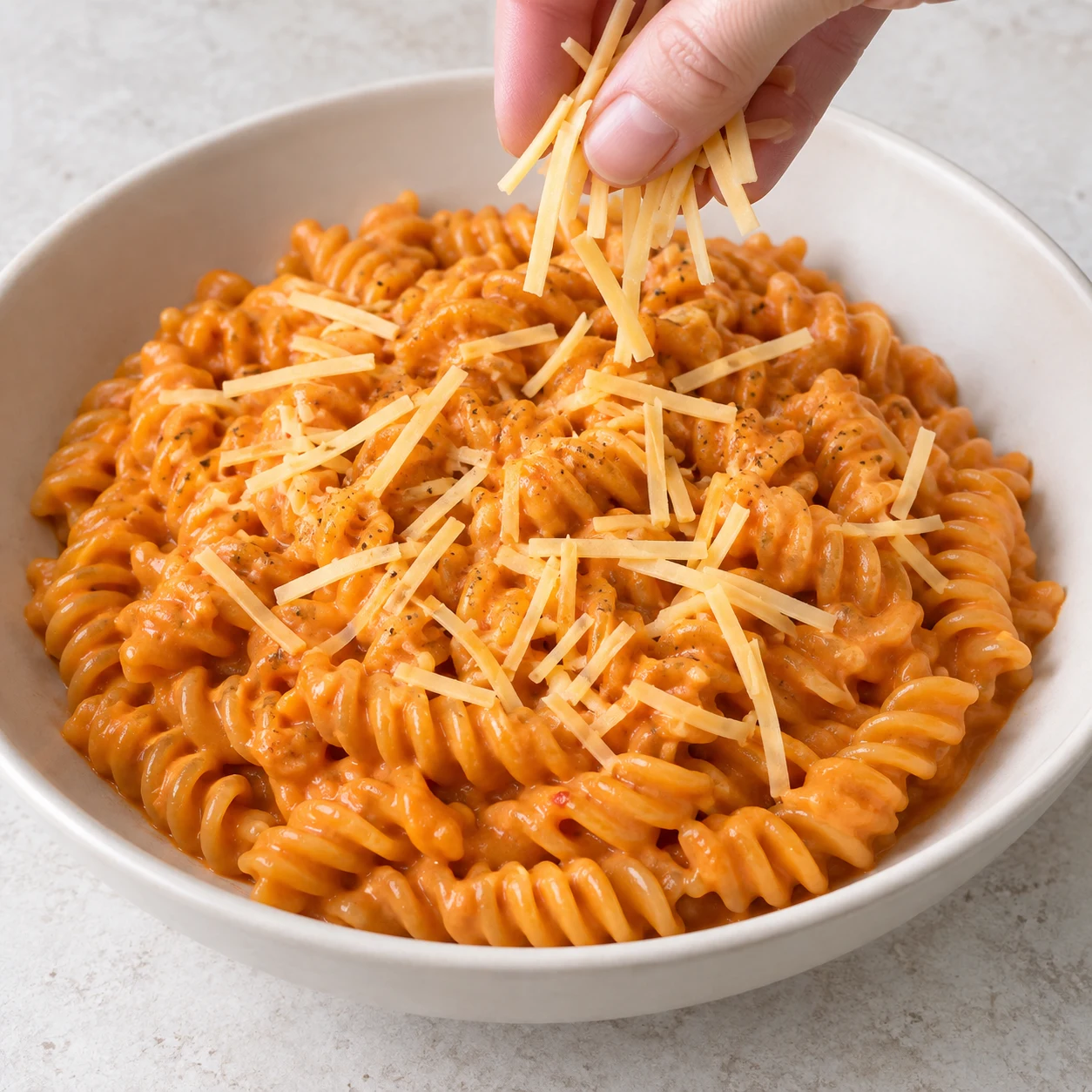 Parsème à nouveau de fines lanières de fromage végétal et sers les pâtes. Les fusilli nappées portent une légère finition de fines lanières de fromage végétal.