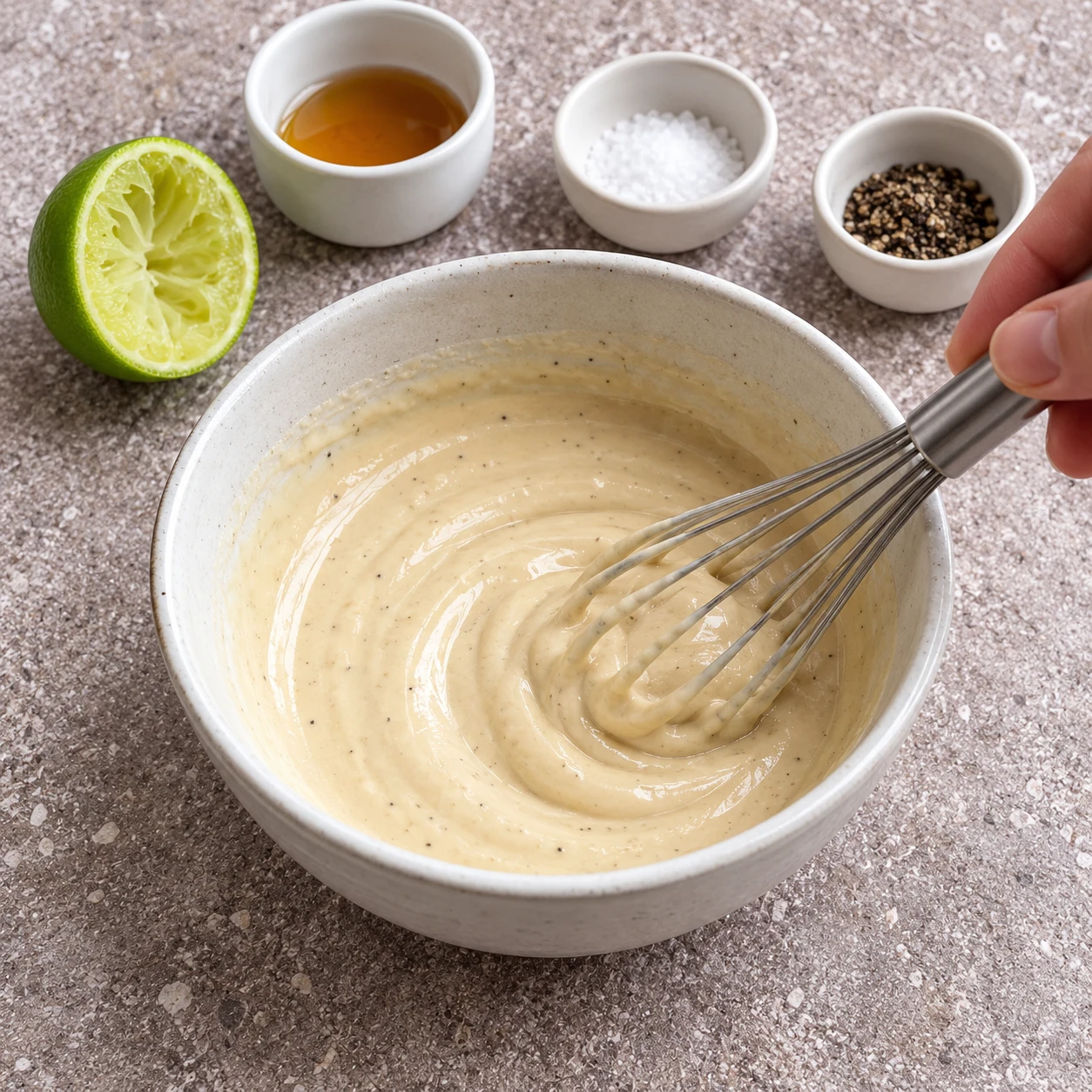 Bol de tahini avec citron et sirop en cours de mélange, sans eau ajoutée.