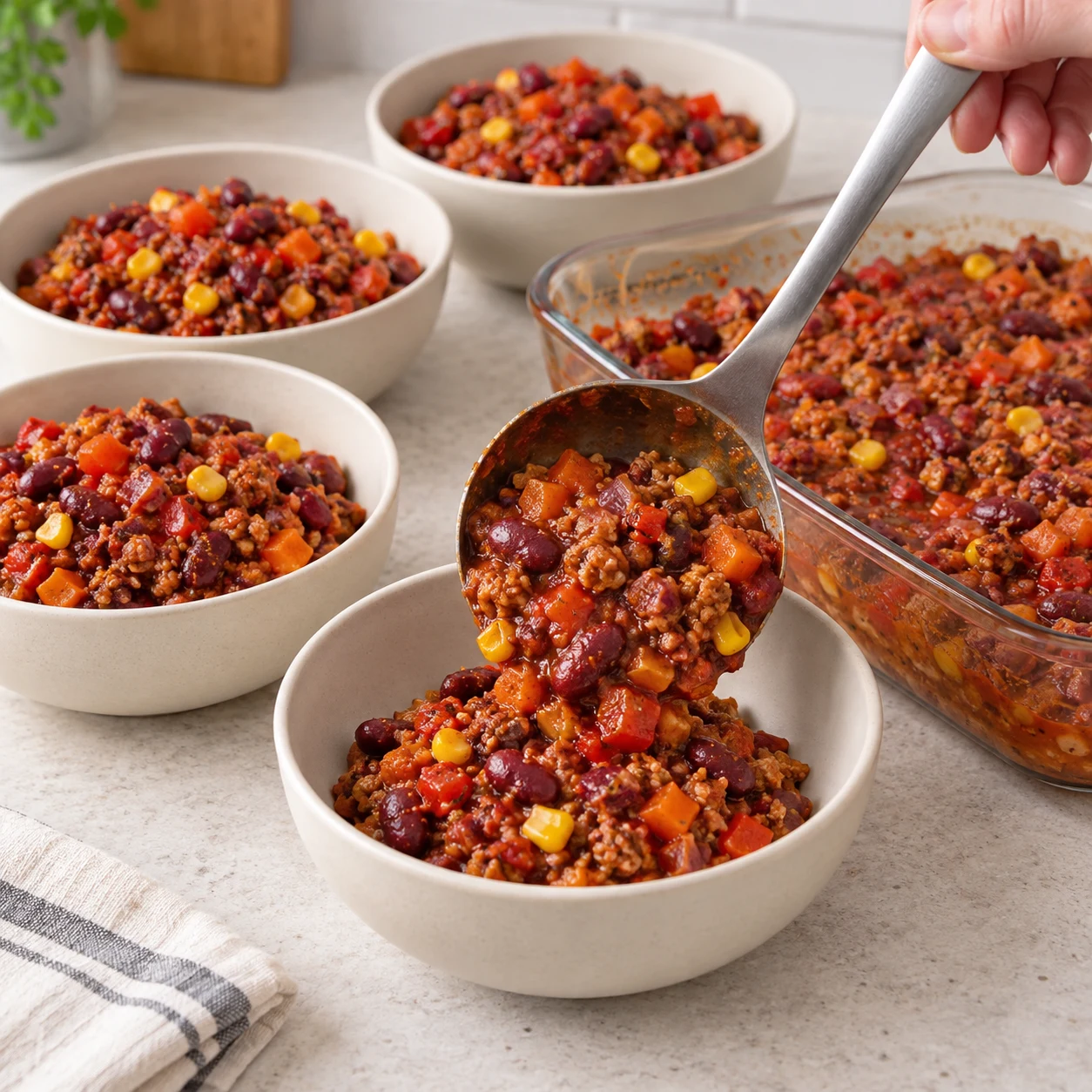 Une louche sert le chili terminé dans un bol neutre, aucun riz, crème, herbe fraîche ou garniture ajoutée.