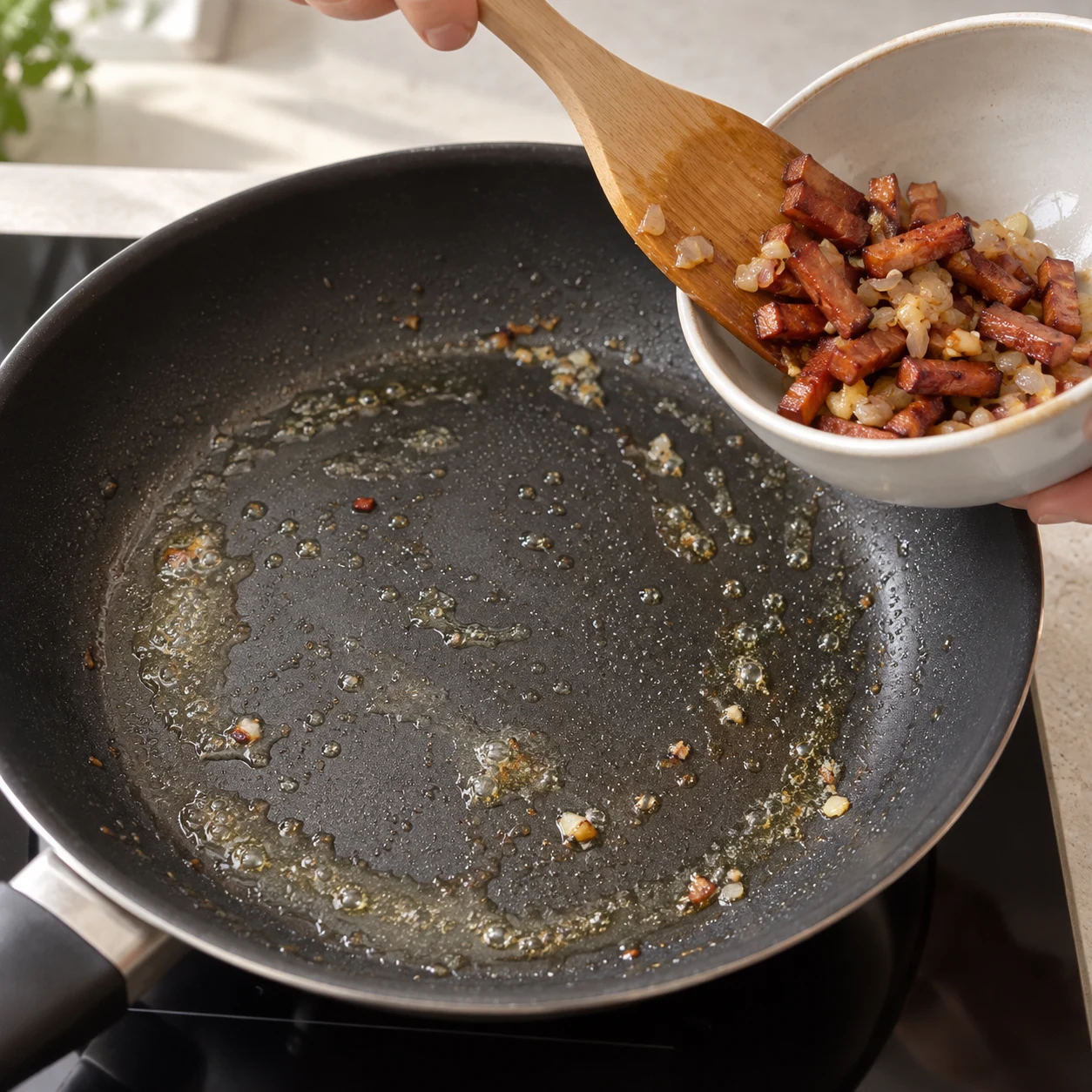 Réserver les lardons : Transférez les lardons végétaux et les aromates dans un récipient pour libérer la poêle. Résultat : La poêle est libre pour les pommes de terre.