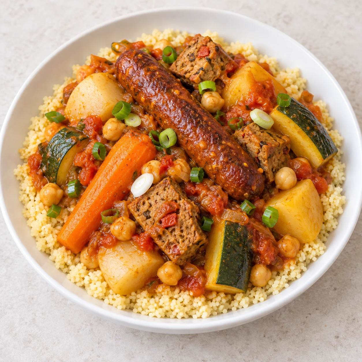 Assiette de couscous jaune pâle, carottes, navets, pommes de terre, courgette et pois chiches en sauce rouge orangé, morceaux brun beige de seitan aux légumes et une merguez végétale, cébette discrète ; sans tofu, viande ni mains.