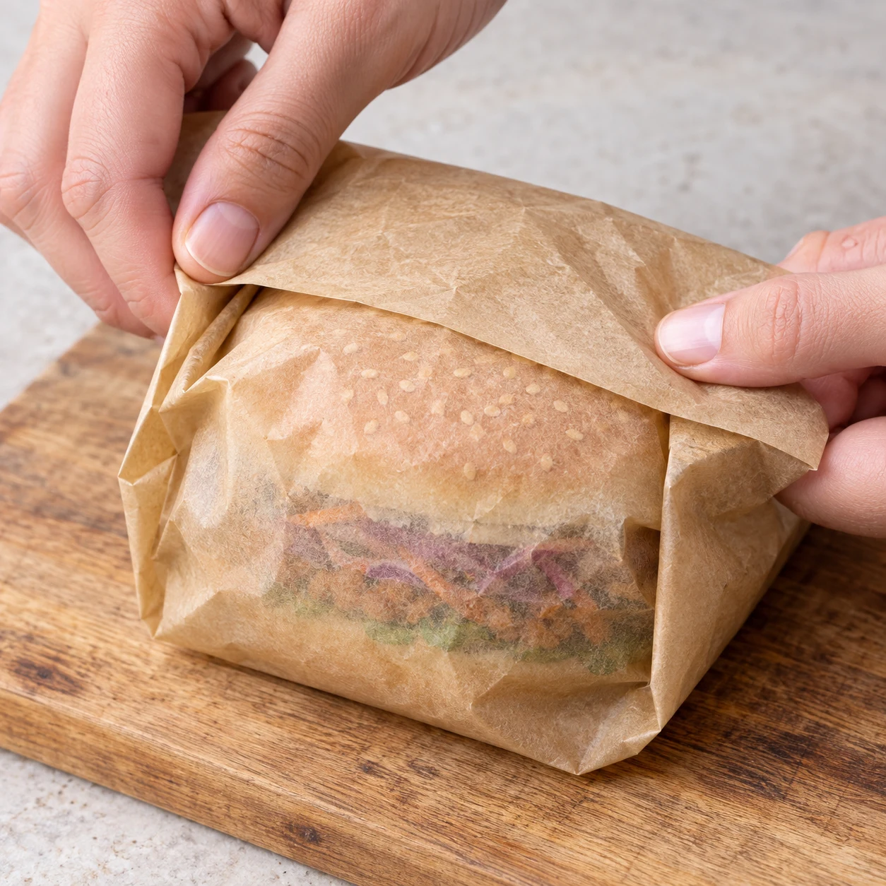 Enveloppez chaque burger dans un papier alimentaire pour le maintenir. Montrer seulement cette action et les ingrédients déjà présents.